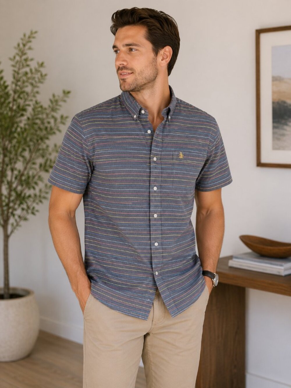 Original Penguin Heritage Slim Fit Stripe Button-Up Shirt Gray Men's Large